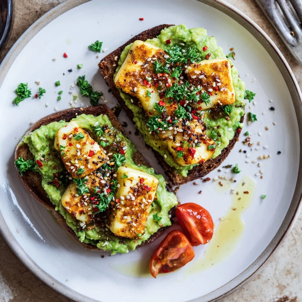 Toasted sourdough with Crispy Halloumi Avocado Toast, chili flakes, toasted sesame