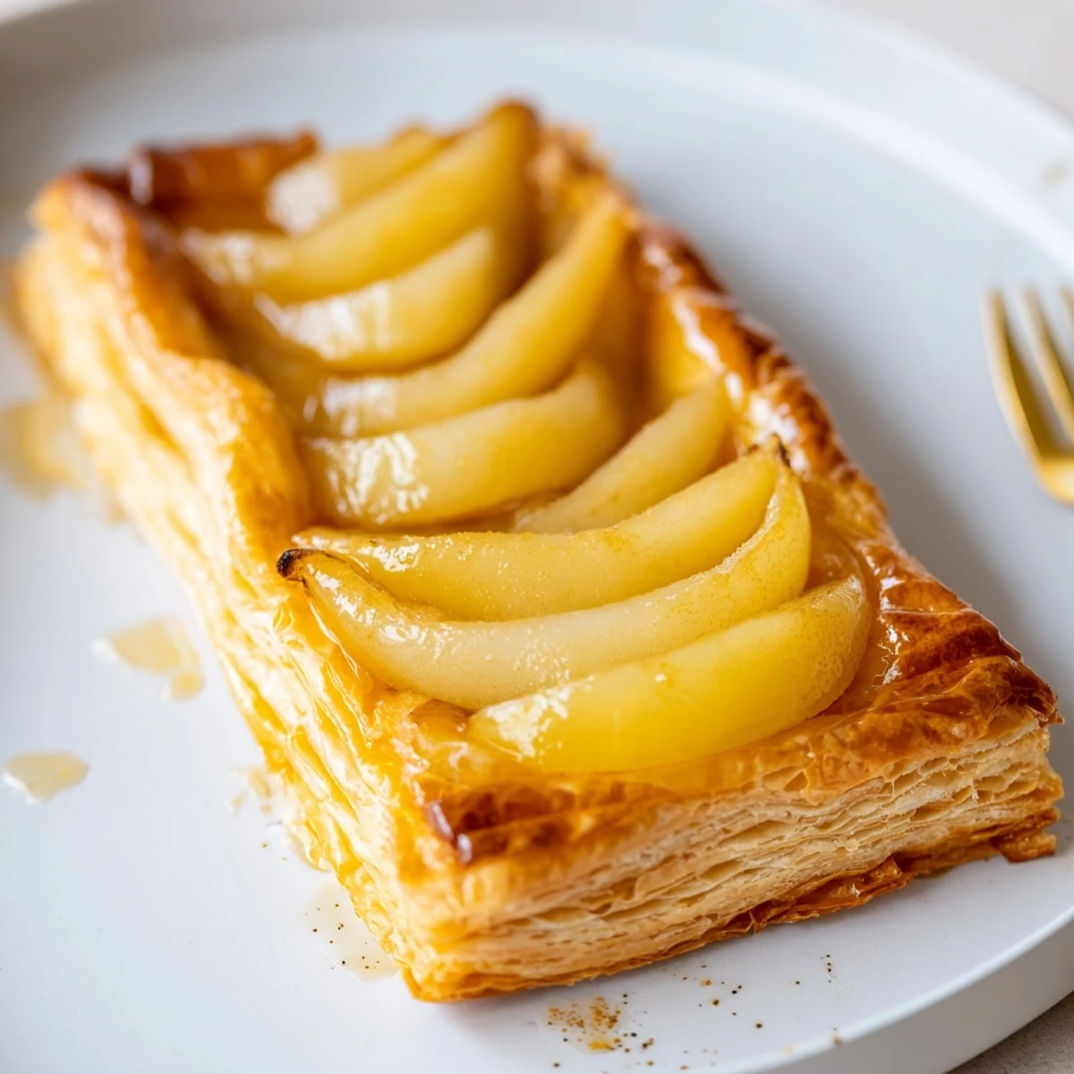 Sliced cinnamon pears nestled in Pear Puff Pastry Recipe served with vanilla ice cream