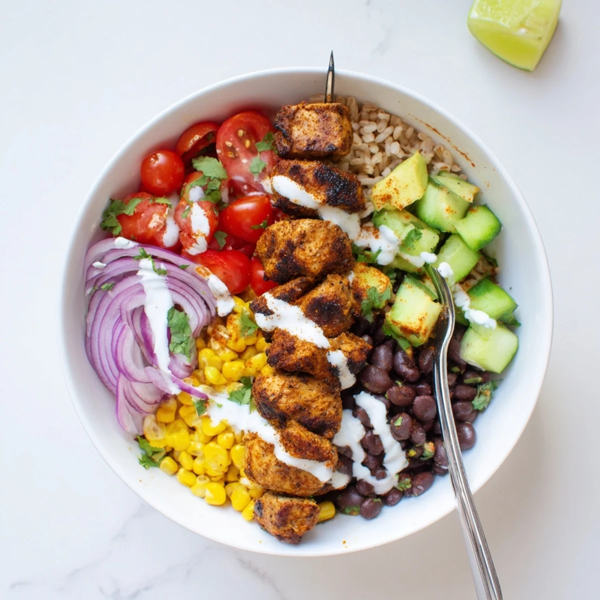 Grilled Smoky Chicken Skewer Bowl Recipe served over warm brown rice and cilantro