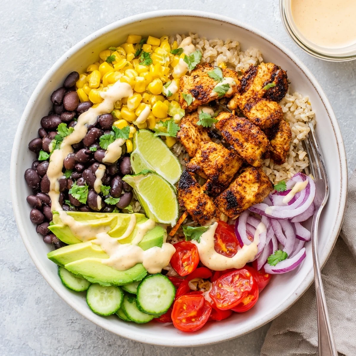 Weeknight Smoky Chicken Skewer Bowl Recipe with paprika-scented chicken and creamy sauce