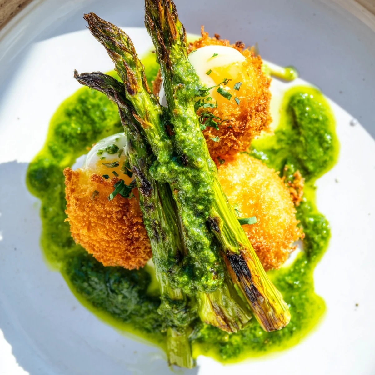 Golden crispy egg yolks resting atop grilled asparagus spears drizzled with bright green herb sauce