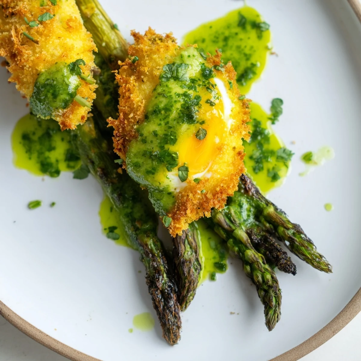 Crispy fried egg yolks arranged over tender asparagus with a creamy herb garnish on a white plate