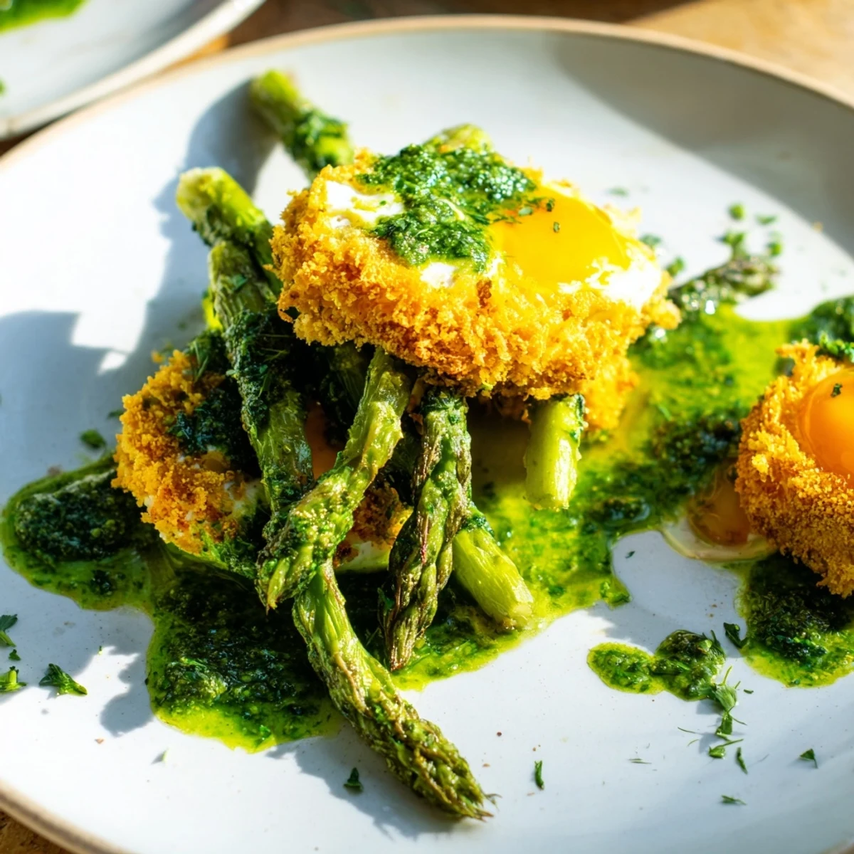 Golden breadcrumb-coated egg yolks served on charred asparagus with lemon herb sauce and fresh parsley