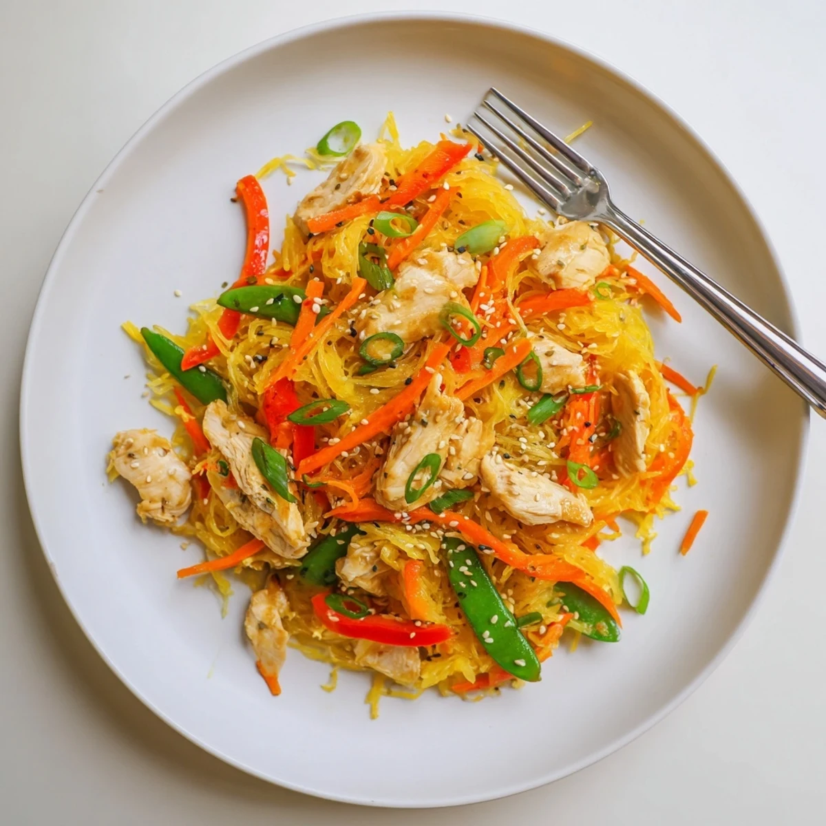 Savory spaghetti squash chicken chow mein in a white bowl topped with green onions and sesame seeds.