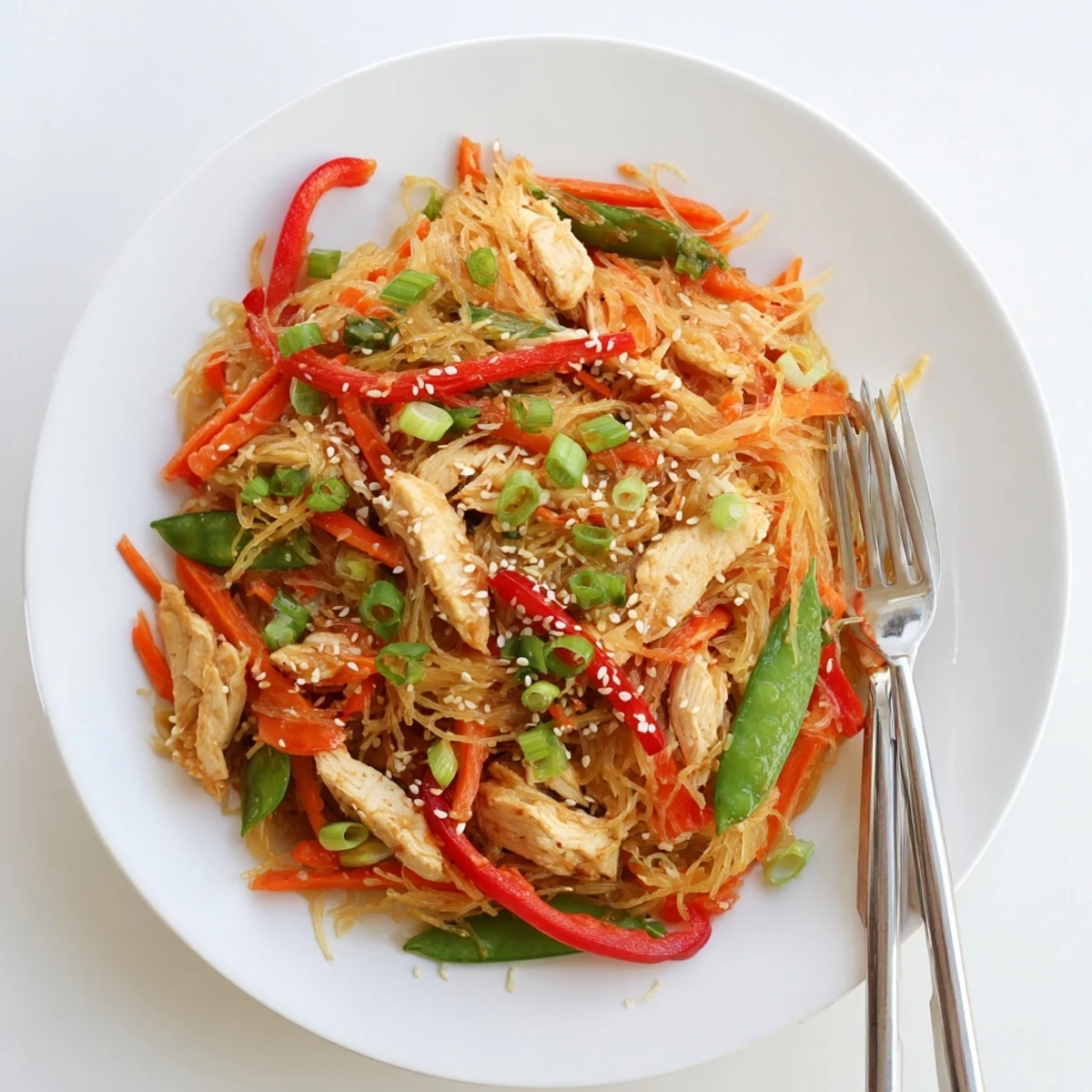 Wok-fried gluten-free chow mein featuring tender chicken, colorful bell peppers, and shredded spaghetti squash noodles.