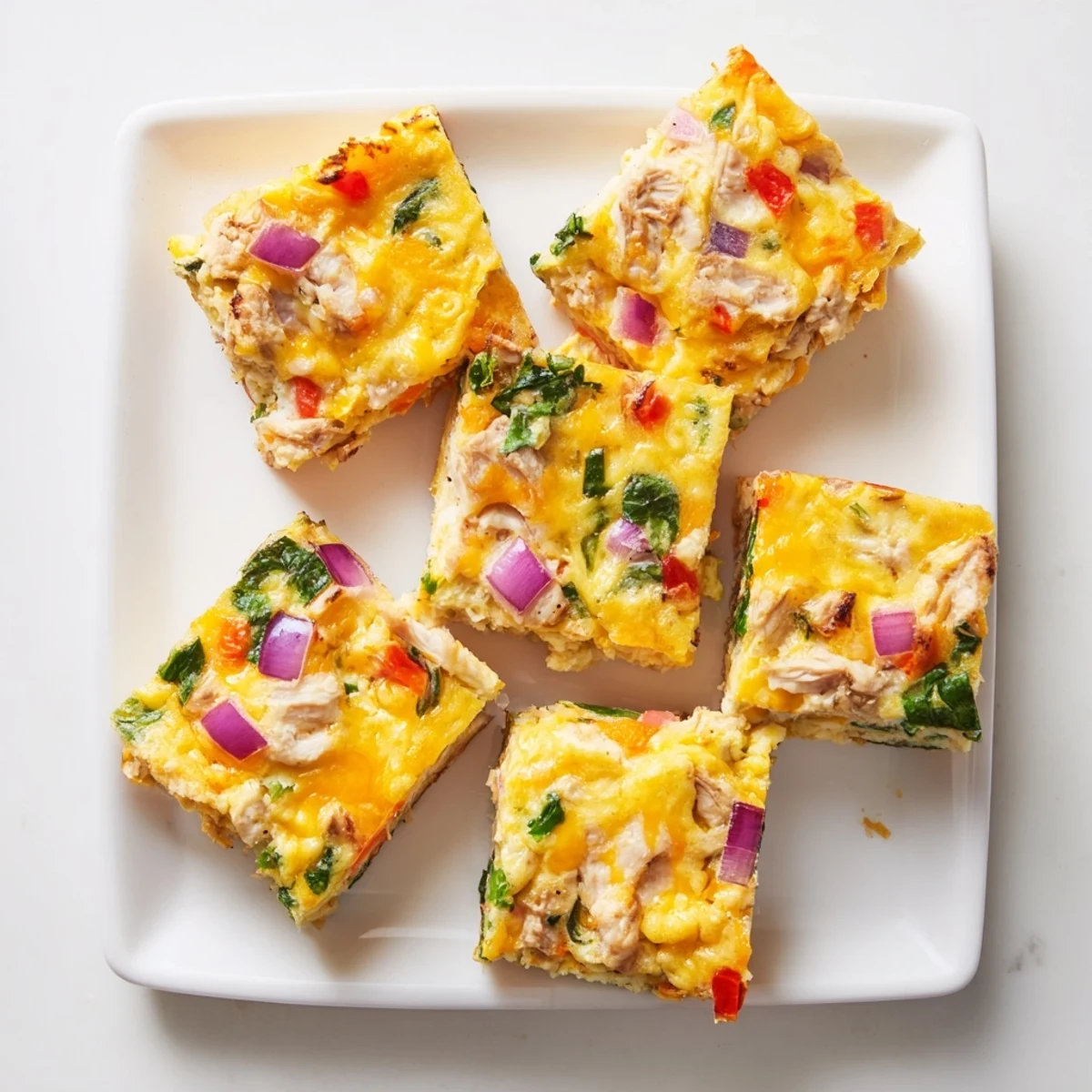 Sliced high protein egg casserole breakfast dish featuring spinach peppers and savory chicken on a white plate