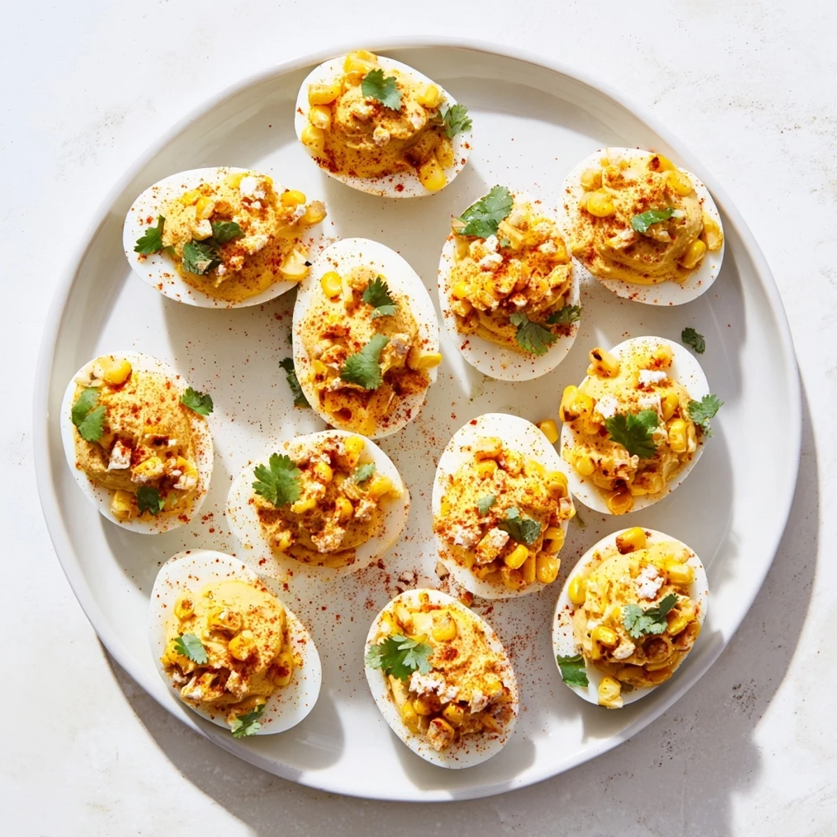 Golden Mexican Street Corn Deviled Eggs topped with charred corn, crumbly Cotija cheese and fresh cilantro