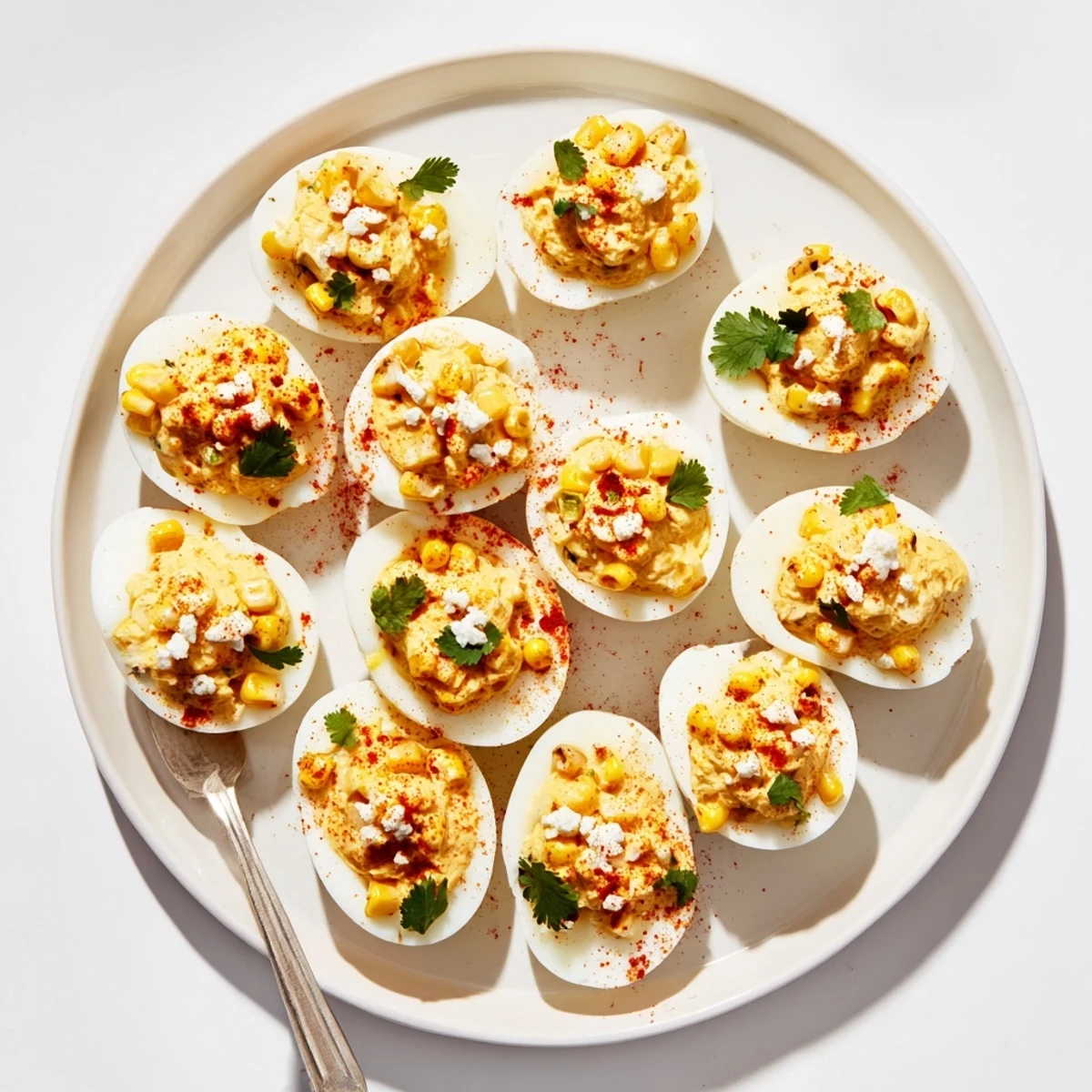Platter of Mexican Street Corn Deviled Eggs sprinkled with Tajín seasoning and extra white cheese