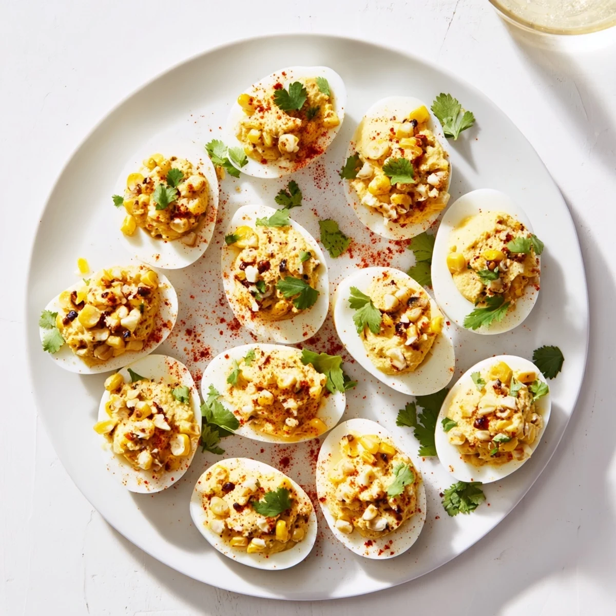 Creamy Mexican Street Corn Deviled Eggs garnished with chili powder, lime wedges and grilled corn kernels