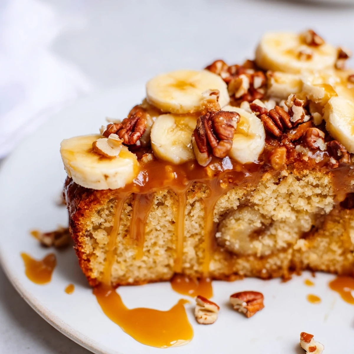Moist banana cake layered with homemade salted caramel drizzle, topped with flaky sea salt crystals
