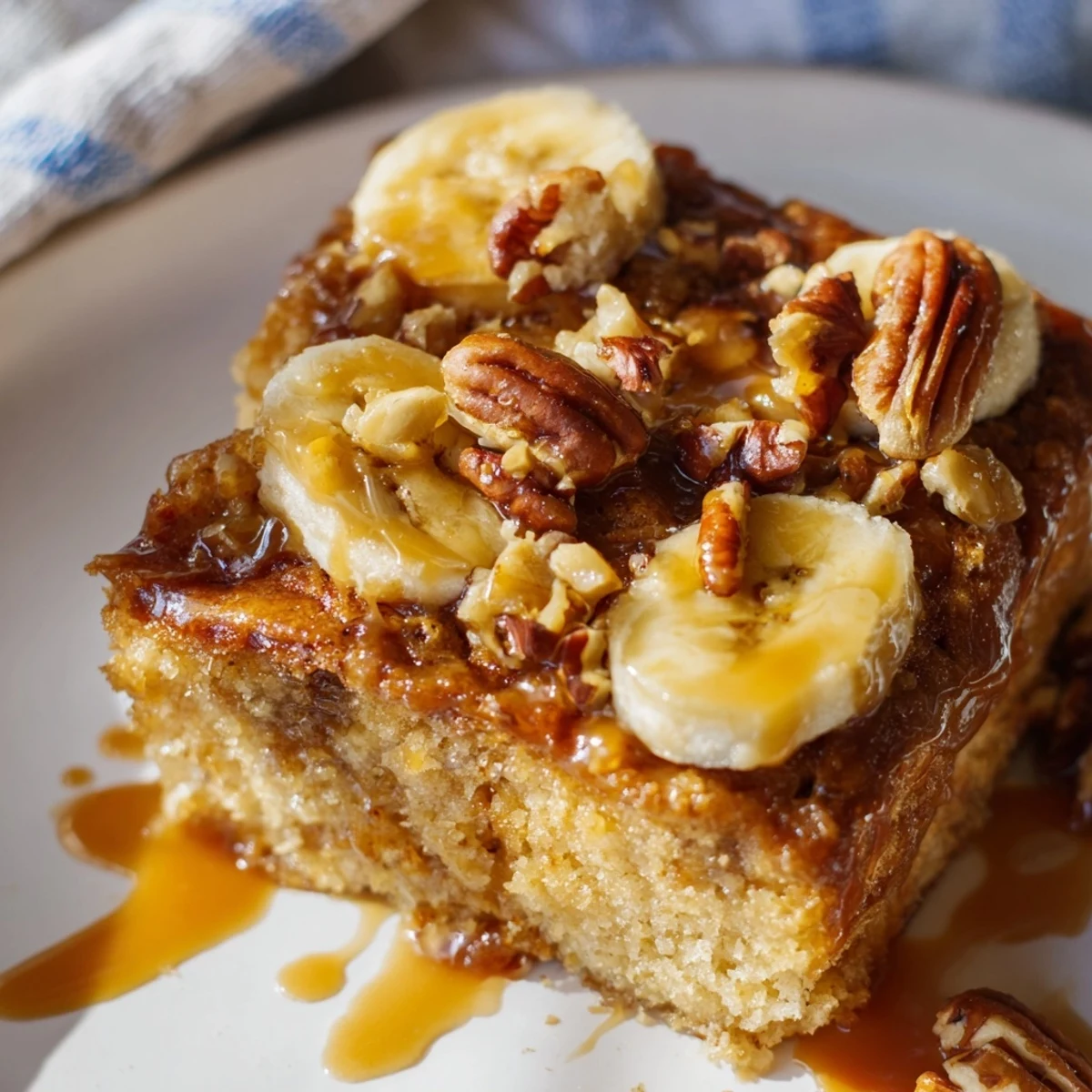 Golden brown butter banana cake swirled with rich salted caramel sauce on a white serving plate