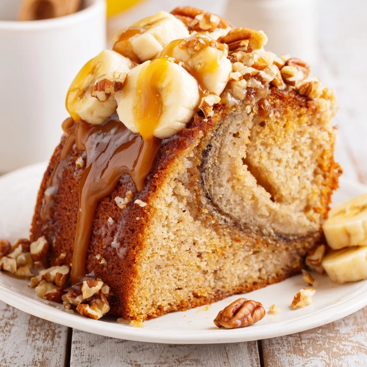 Decadent slice of salted caramel brown butter banana cake with gooey caramel pooling on the plate