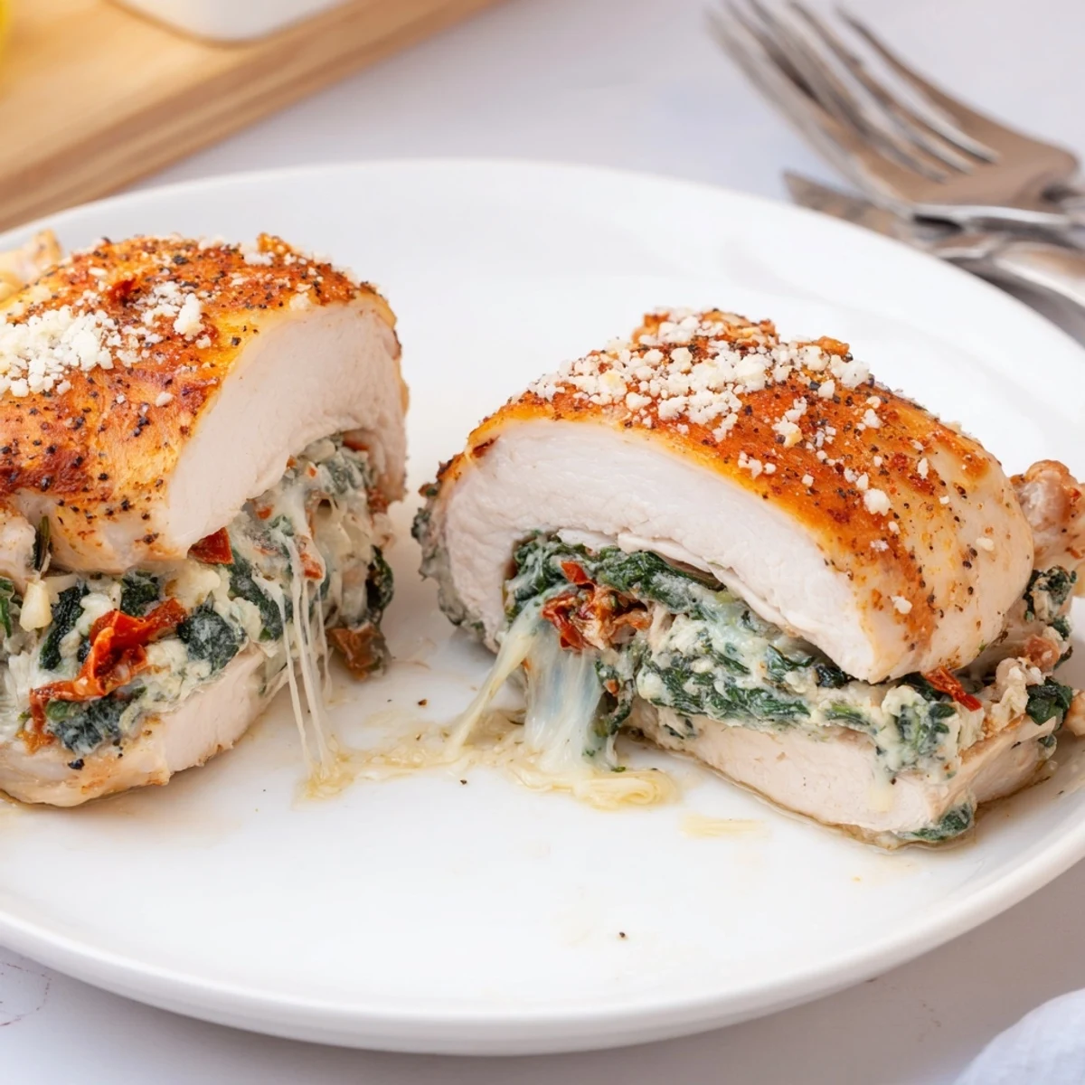 Cheesy Spinach Stuffed Chicken Sun Dried Tomato Flavor golden seared, oozing melted cheese  