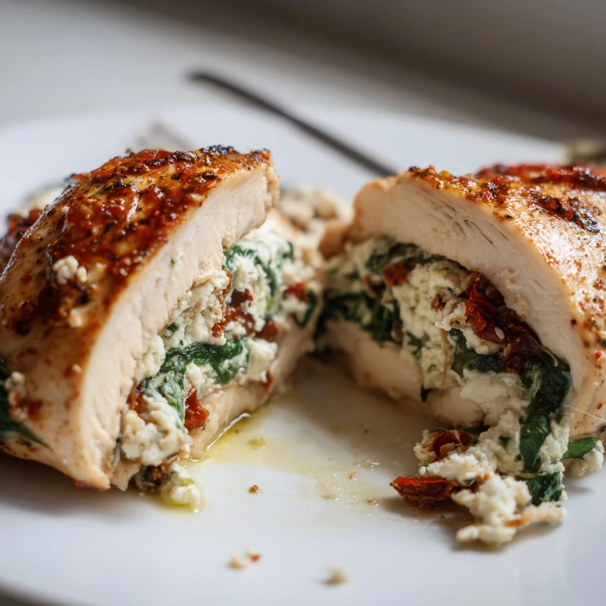 Cheesy Spinach Stuffed Chicken Sun Dried Tomato Flavor plated with garlic roasted vegetables for company  