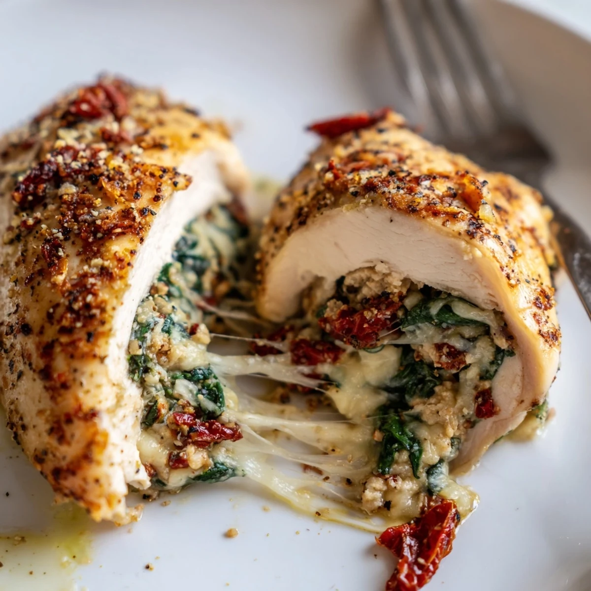 Cheesy Spinach Stuffed Chicken Sun Dried Tomato Flavor aromatic herbs and creamy spinach filling revealed