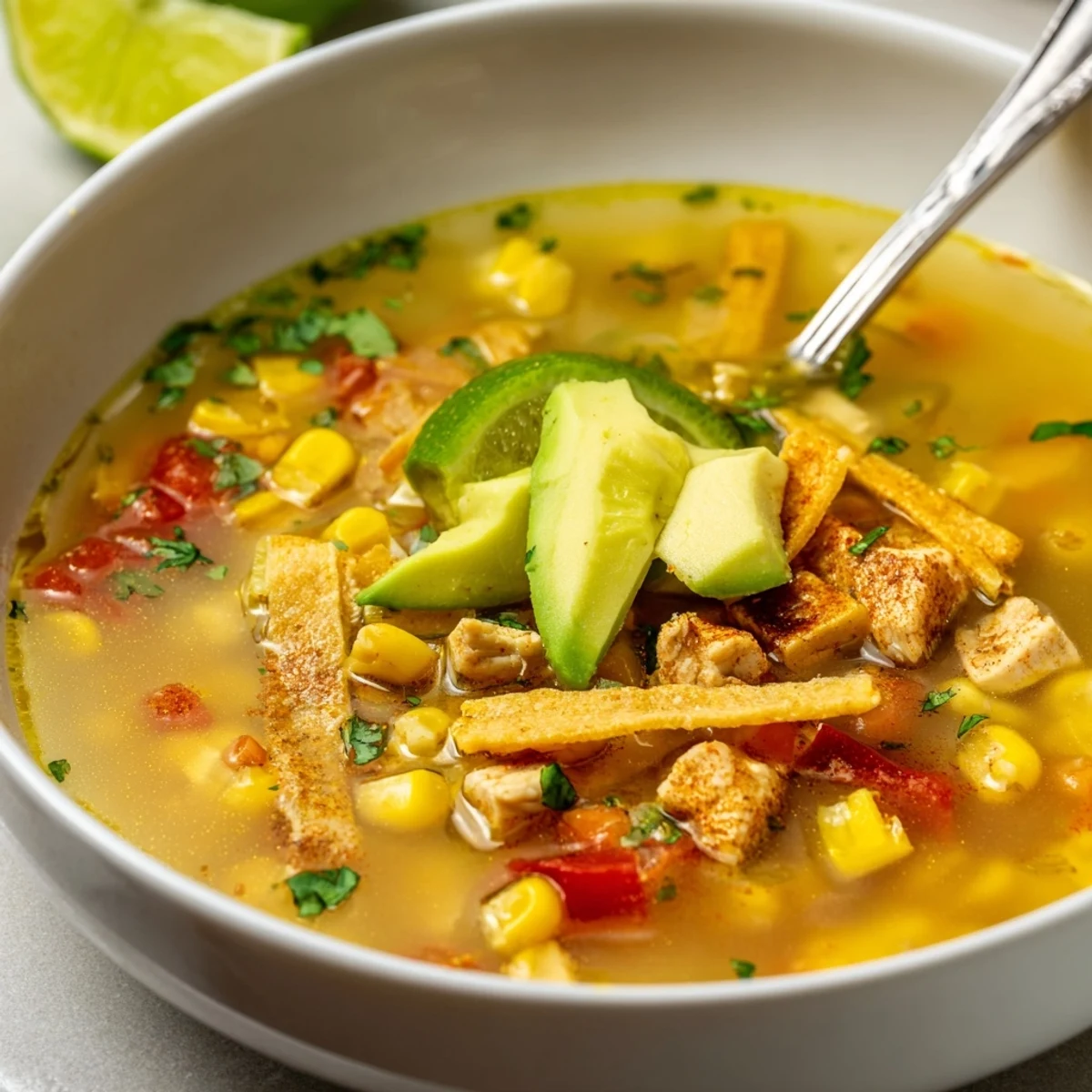 Bold Zesty Chicken Lime Soup Recipe steaming in bowl, cilantro and lime