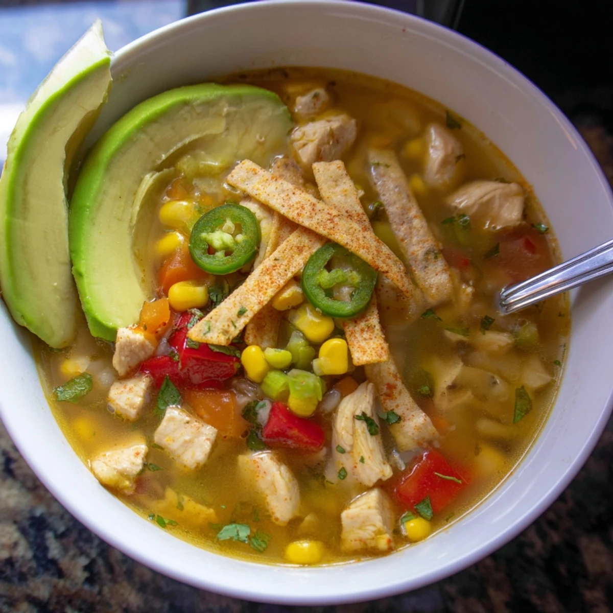 Bowl of Bold Zesty Chicken Lime Soup Recipe topped with avocado slices