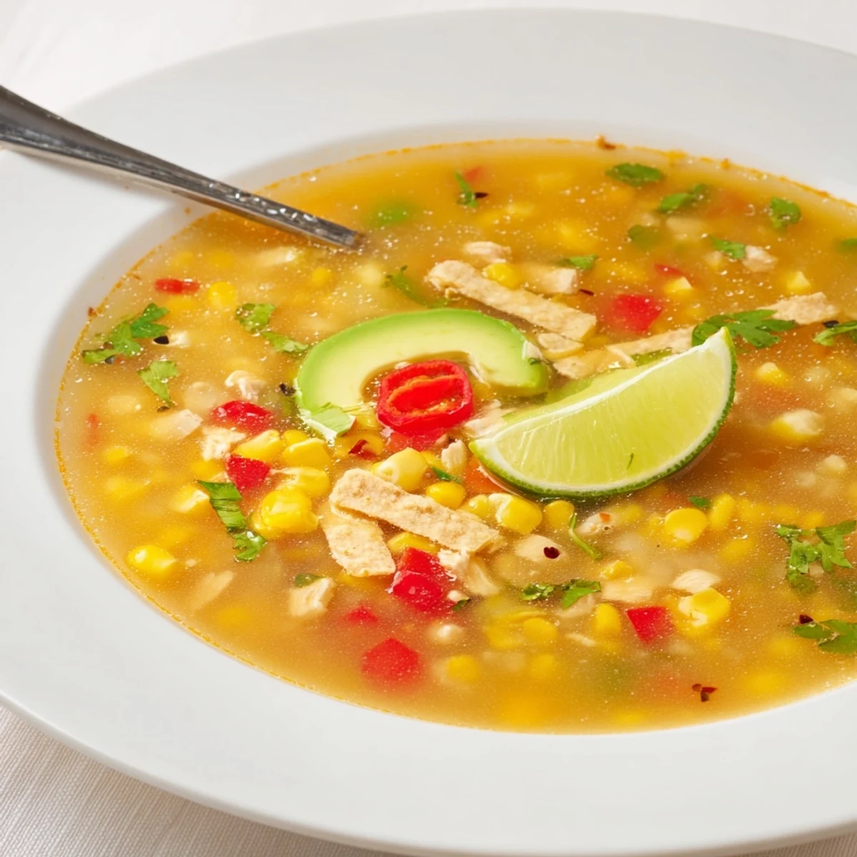 Spoonful revealing Bold Zesty Chicken Lime Soup Recipe's tangy broth, corn and tortilla