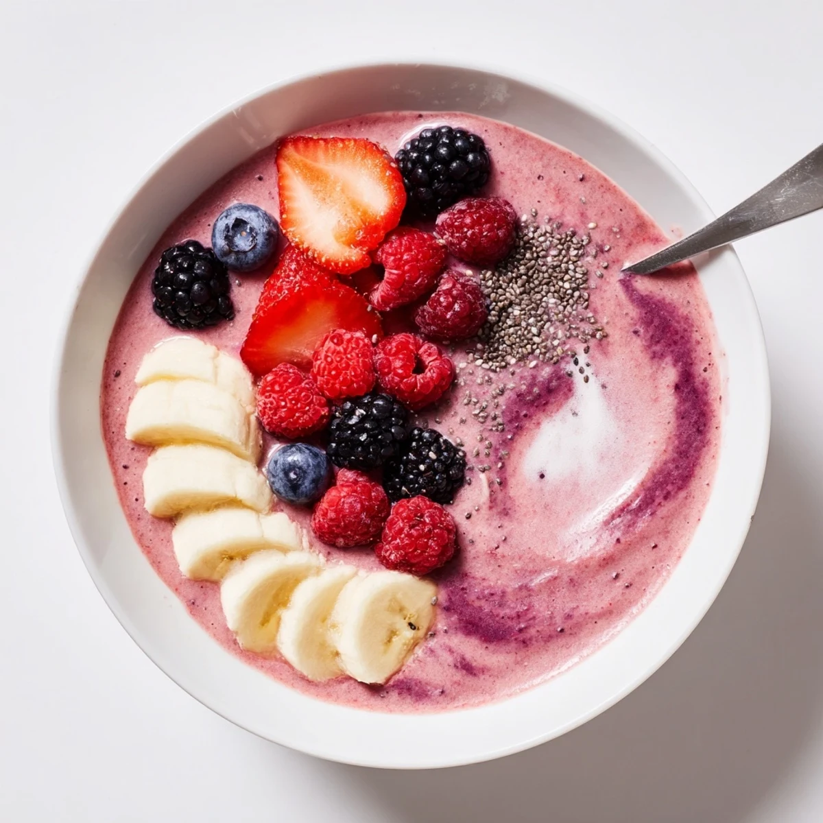Cold Summer Berry Smoothie topped with sliced strawberries and chia seeds