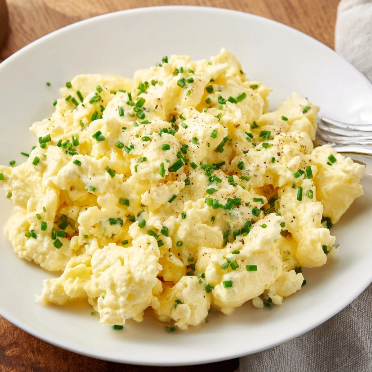 Fluffy Cottage Cheese Scrambled Eggs with Chives steaming in nonstick skillet