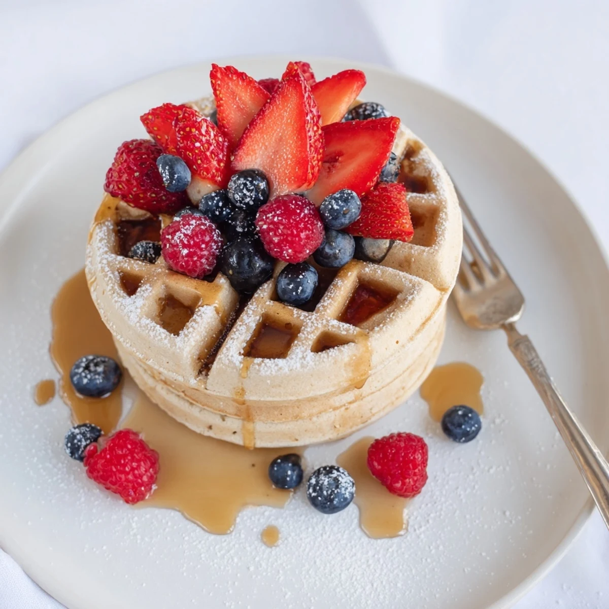 Almond Flour Waffles With Berries piled on plate, syrup glistening, steam rising