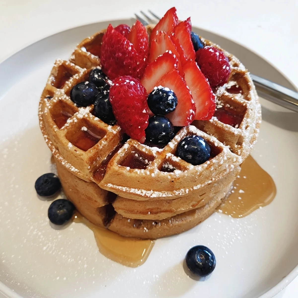 Crispy golden Almond Flour Waffles With Berries topped with juicy mixed berry compote