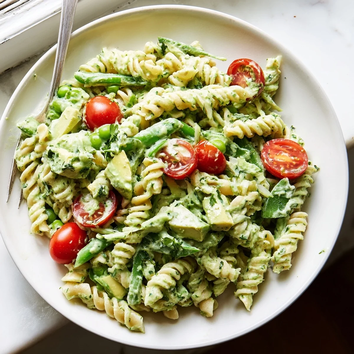 Creamy, herbaceous Green Goddess Pasta Salad with crisp cucumbers and fresh basil