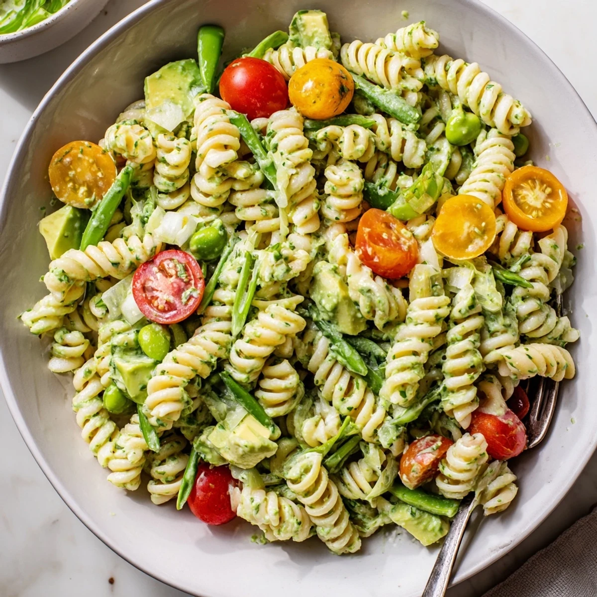 Bright, zesty Green Goddess Pasta Salad served at summer picnics or potlucks