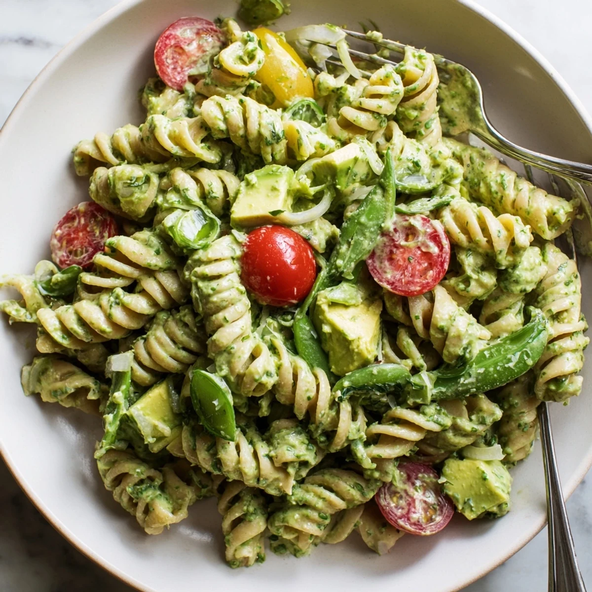 Chilled Green Goddess Pasta Salad tossed with avocado, snap peas, and lemon