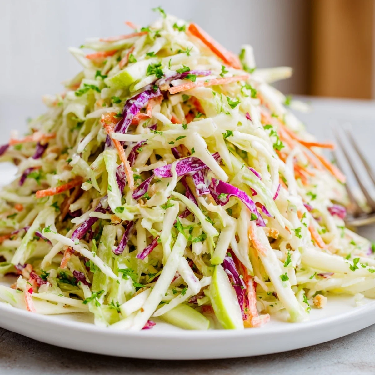 Apple Coleslaw piled in bowl, crunchy cabbage and tart apple ribbons  