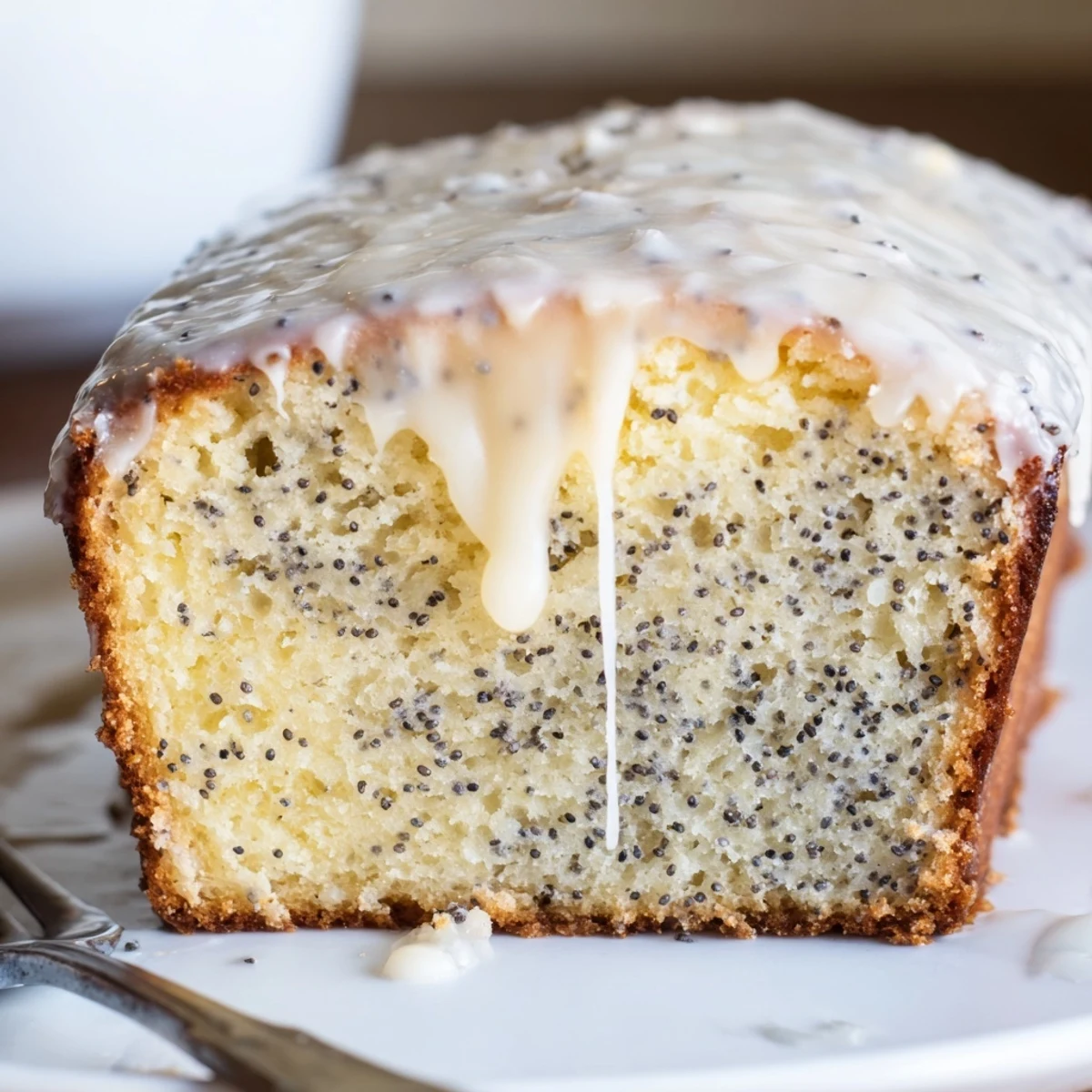 Fresh lemon poppy seed delight bread with citrus glaze and lemon garnish