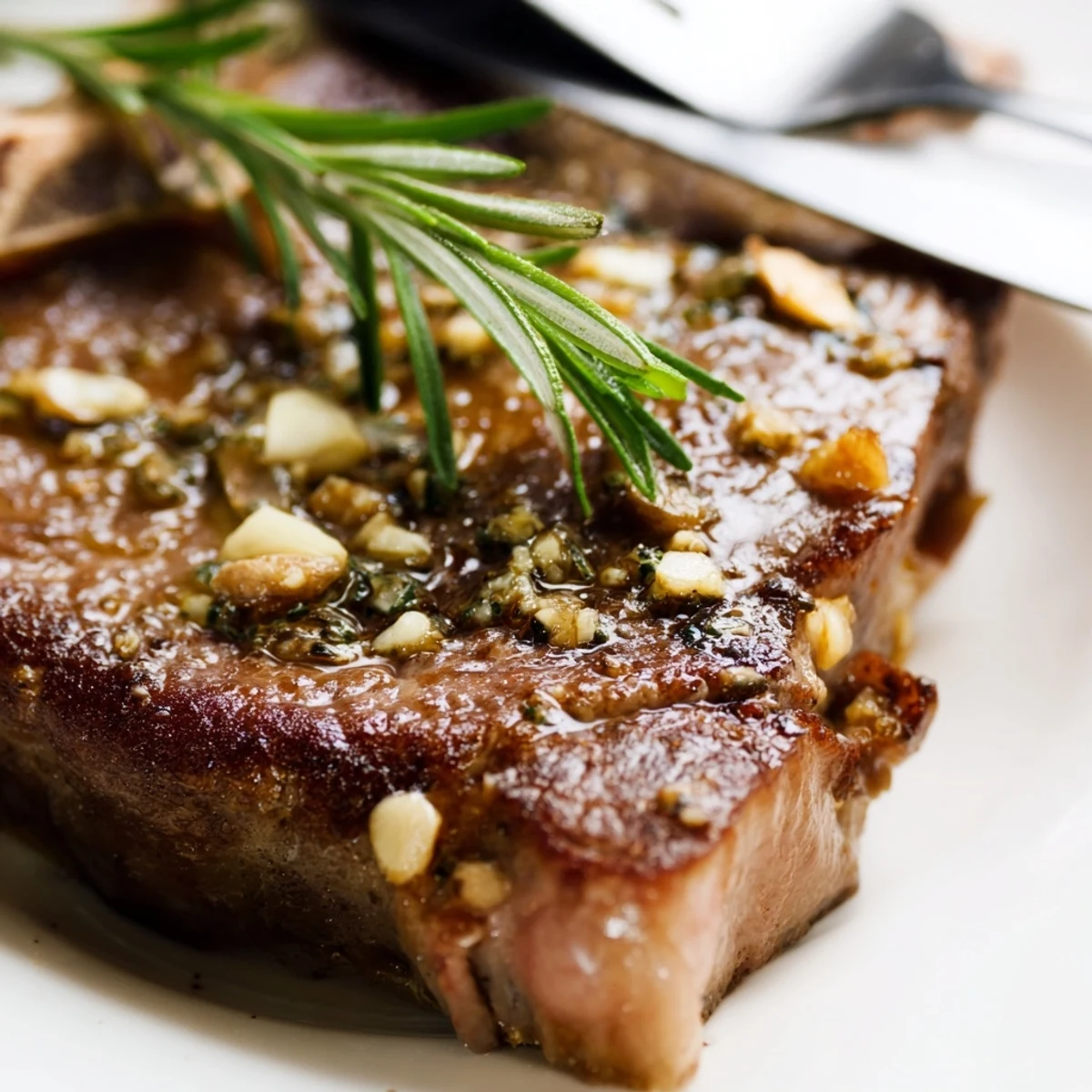 Golden pan-seared garlic butter steak sizzling in a cast iron skillet with melted herb butter
