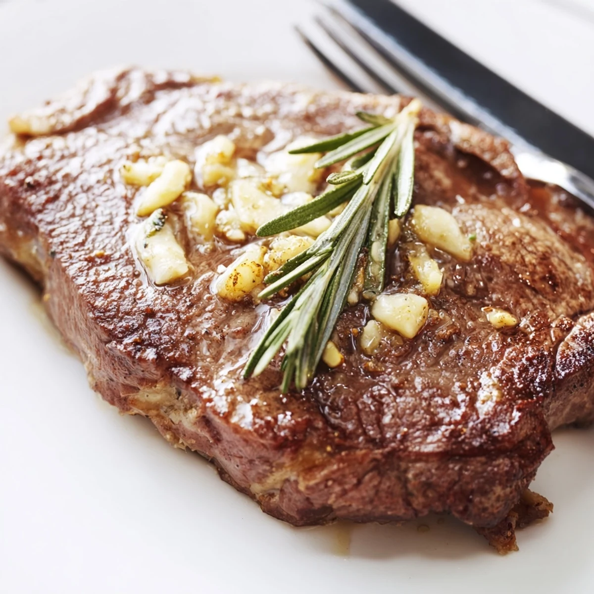 Restaurant-quality garlic butter steak resting on a plate with rich golden pan juices