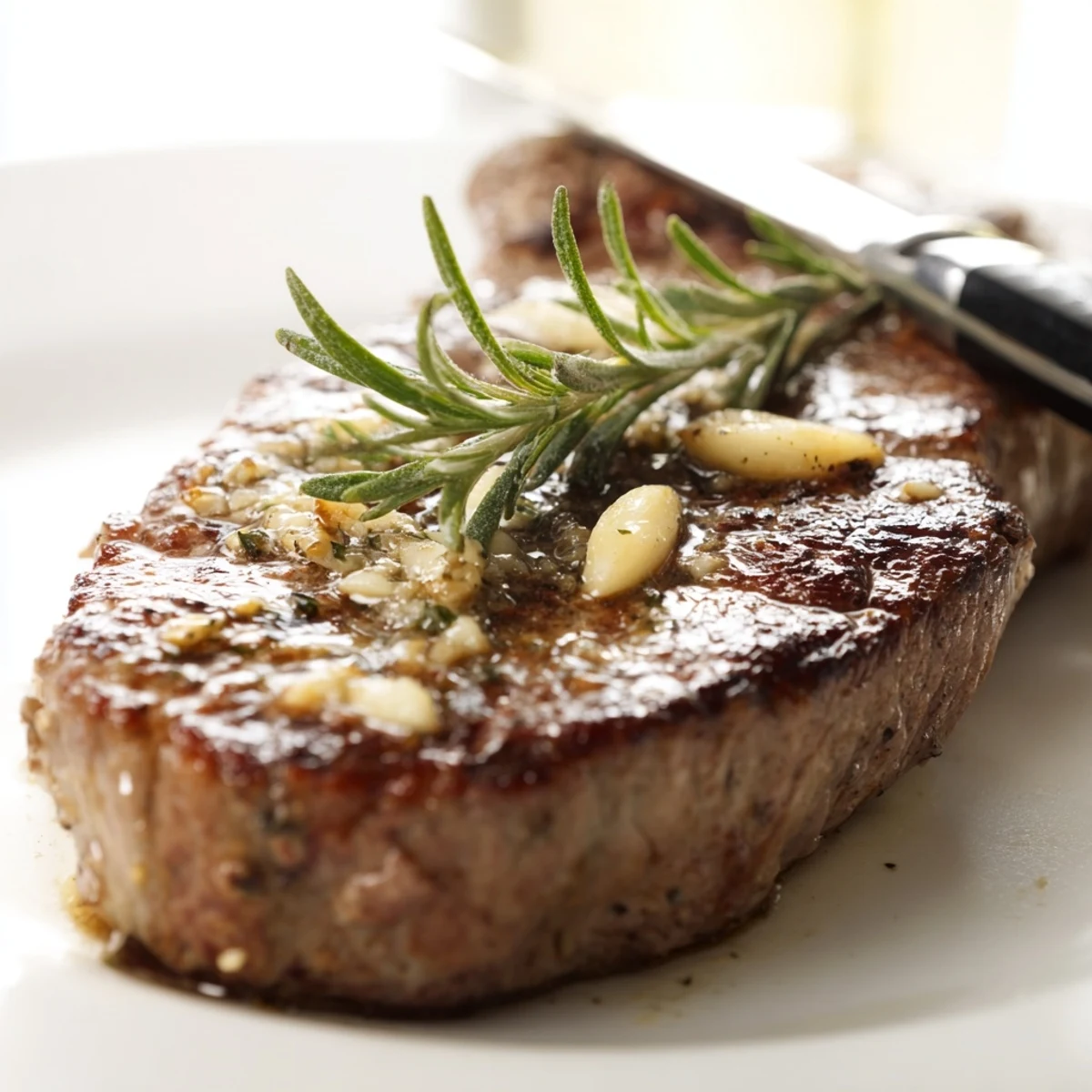 Juicy ribeye steak basted with aromatic garlic butter and fresh rosemary sprigs