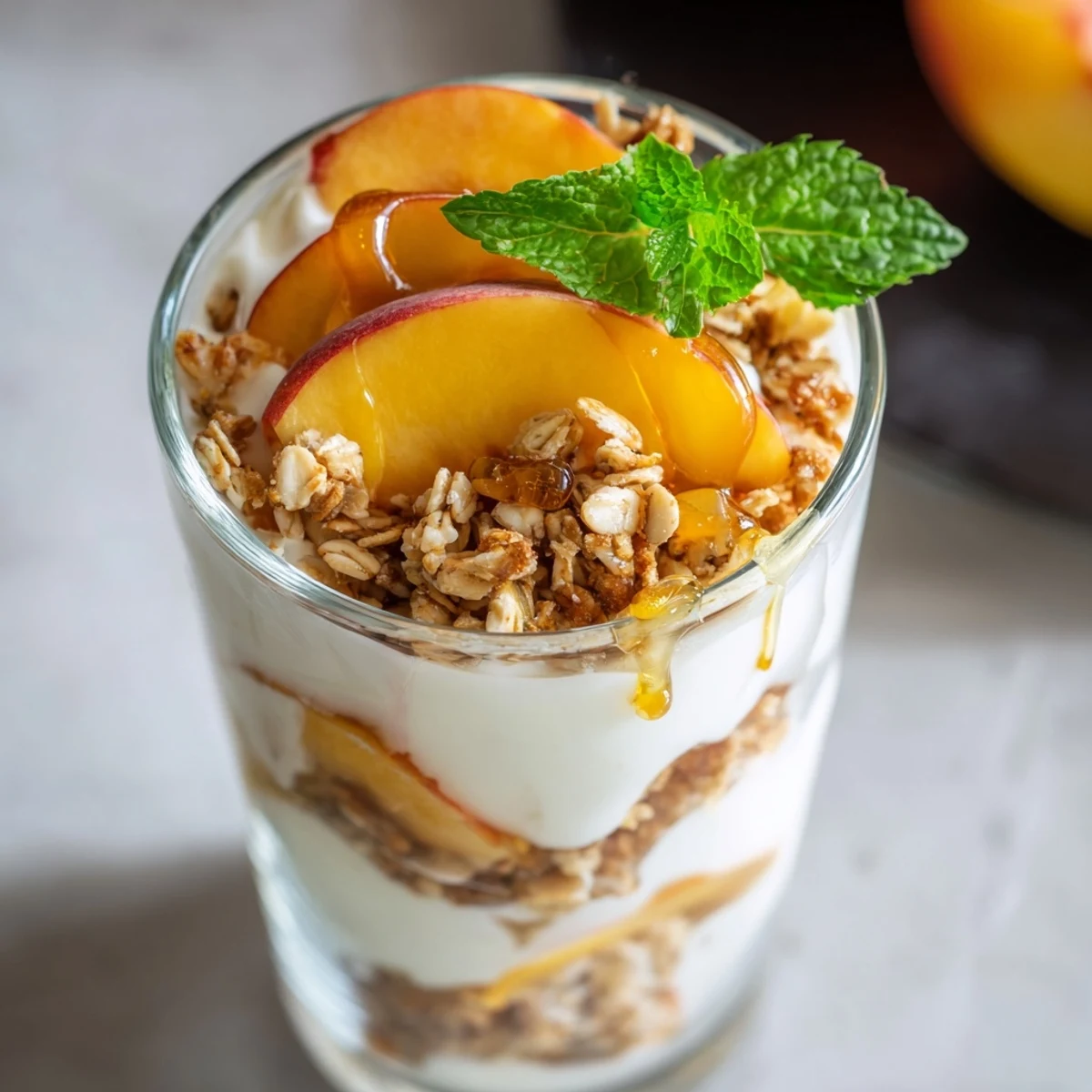 Glass parfait jar showcasing layered sweet peach yogurt parfait with fresh peaches and golden granola topping