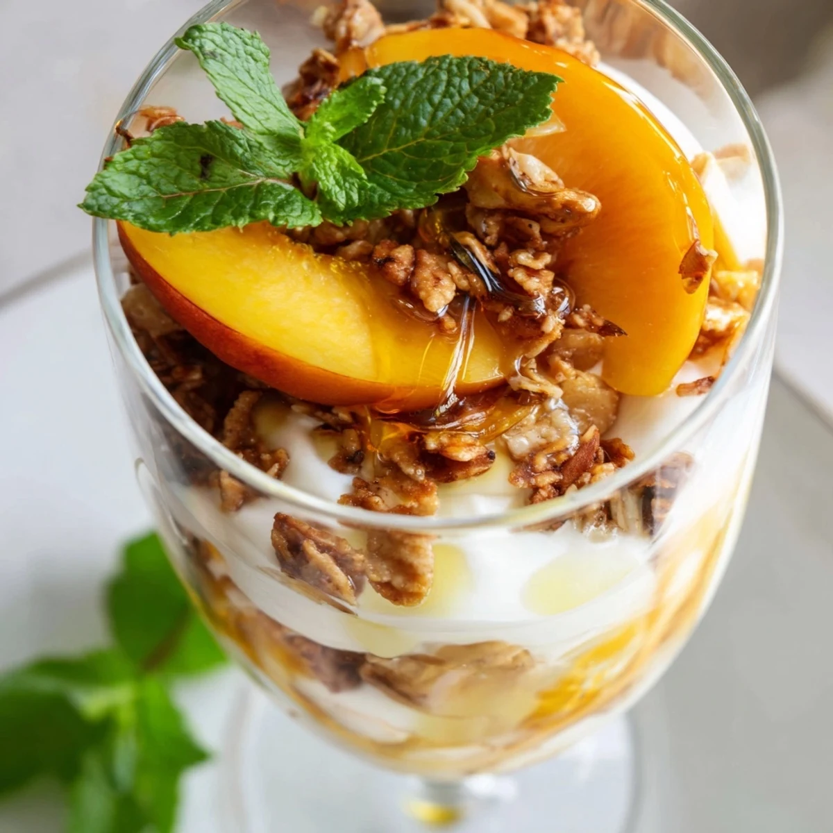 Creamy sweet peach yogurt parfait in clear glass displaying alternating layers of yogurt and fruit