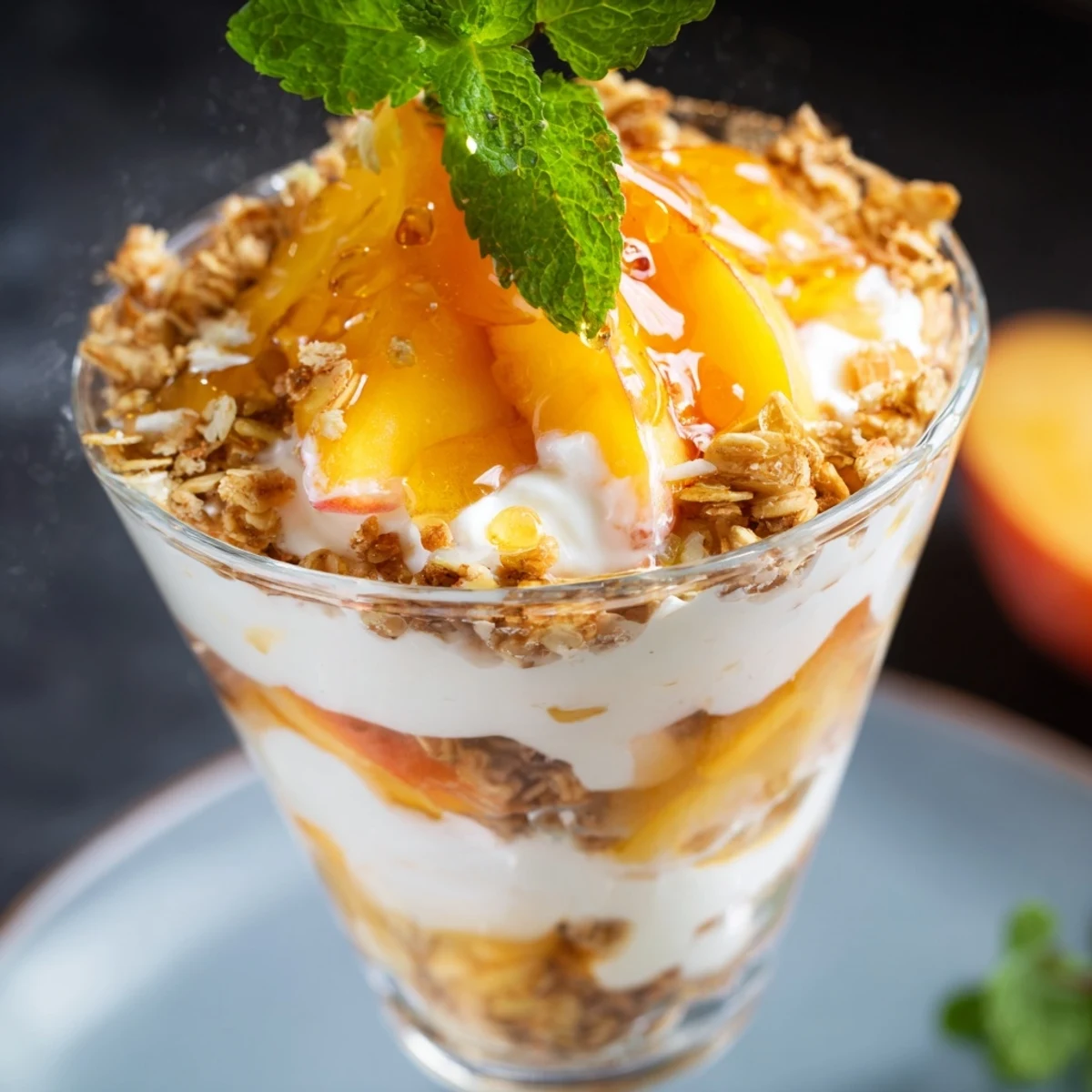 Close-up of sweet peach yogurt parfait breakfast bowl with ripe peach slices and crunchy granola garnish