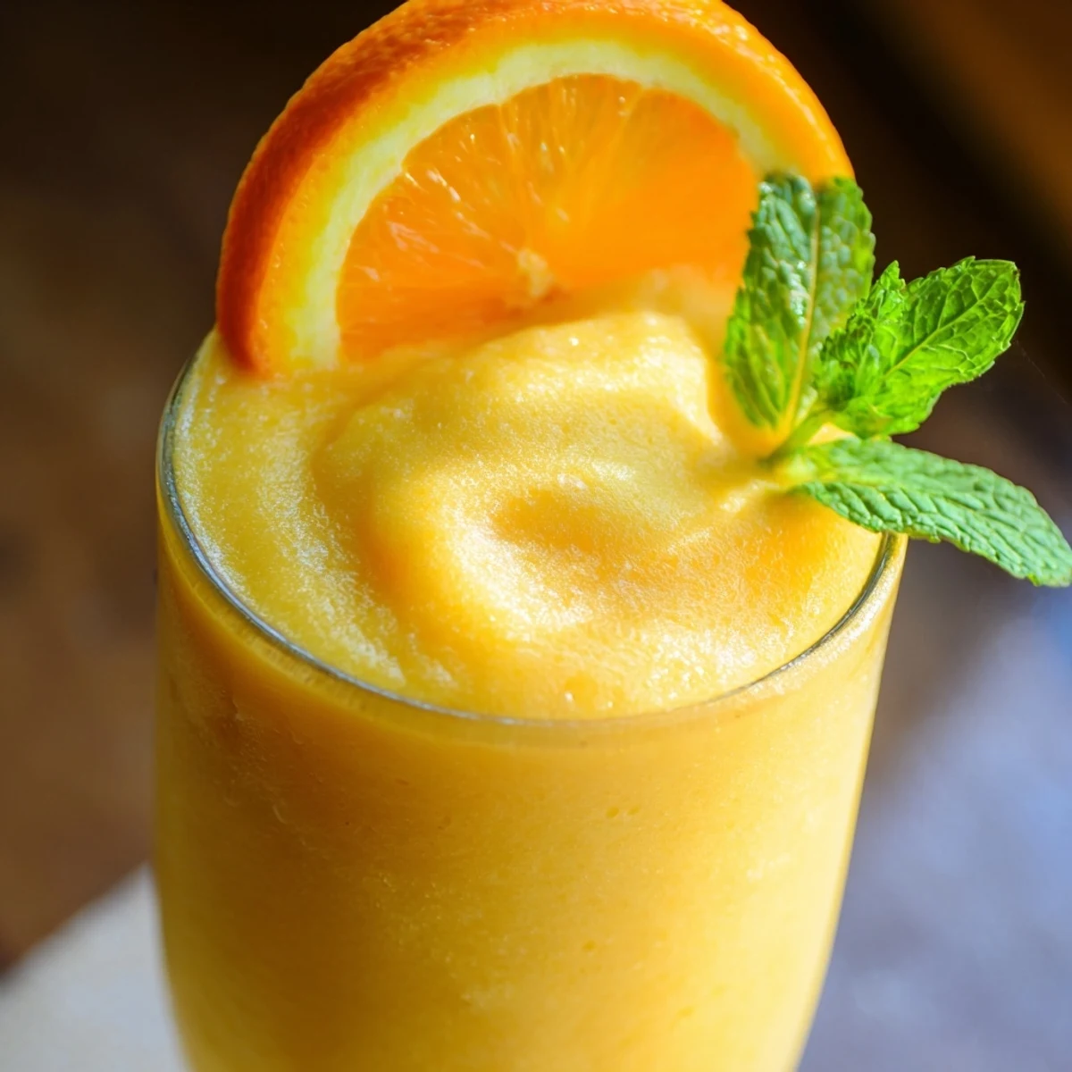Creamy orange slush with ice crystals and whipped topping swirled into chilled mason jar for summer refreshment