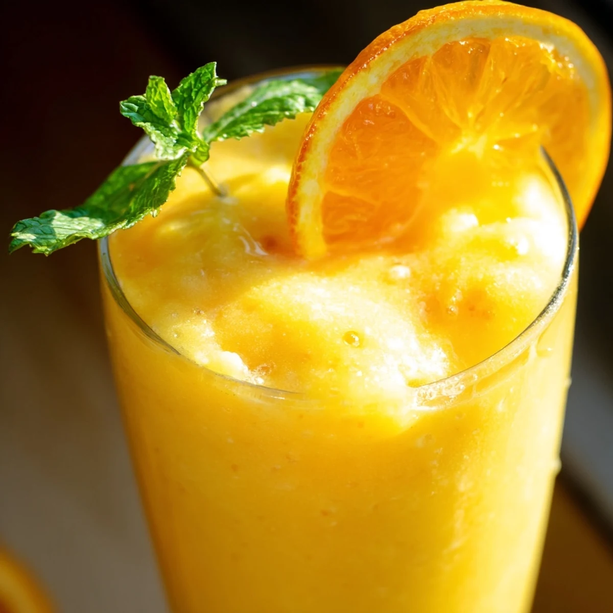 Tall glass of sun kissed frozen orange cream slush garnished with fresh orange slice and mint sprig on wooden table