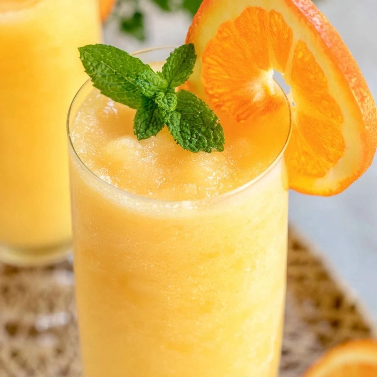 Bright orange frozen dessert with vanilla ice cream swirl served in clear glass showing frosty cold texture