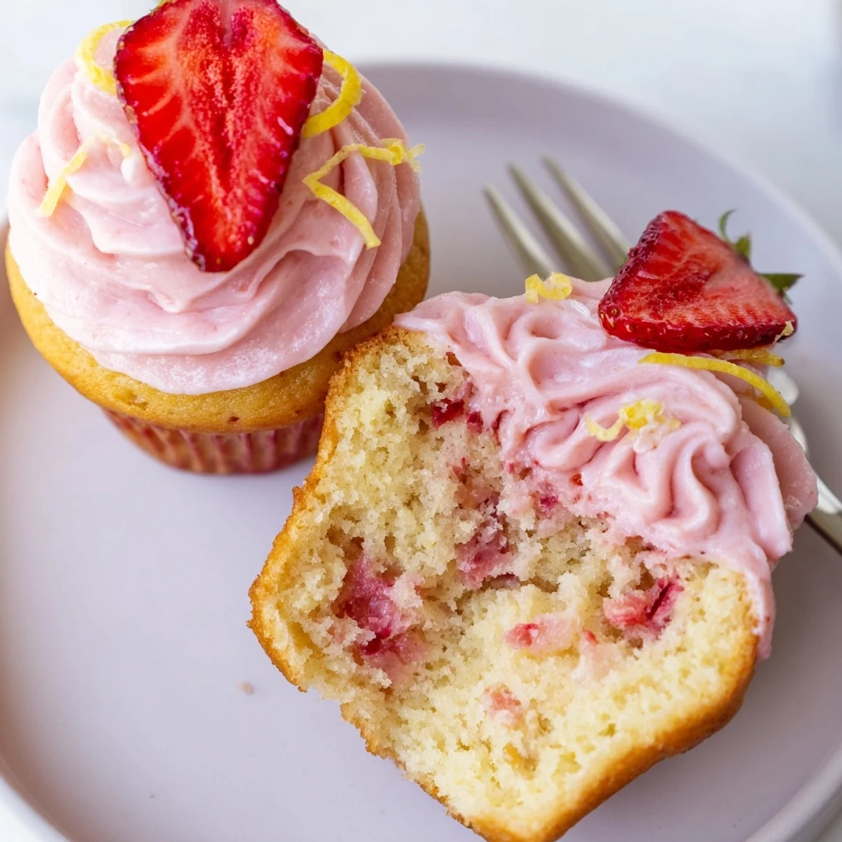 Moist, fluffy Strawberry Lemonade Cupcakes studded with diced strawberries and lemon zest.