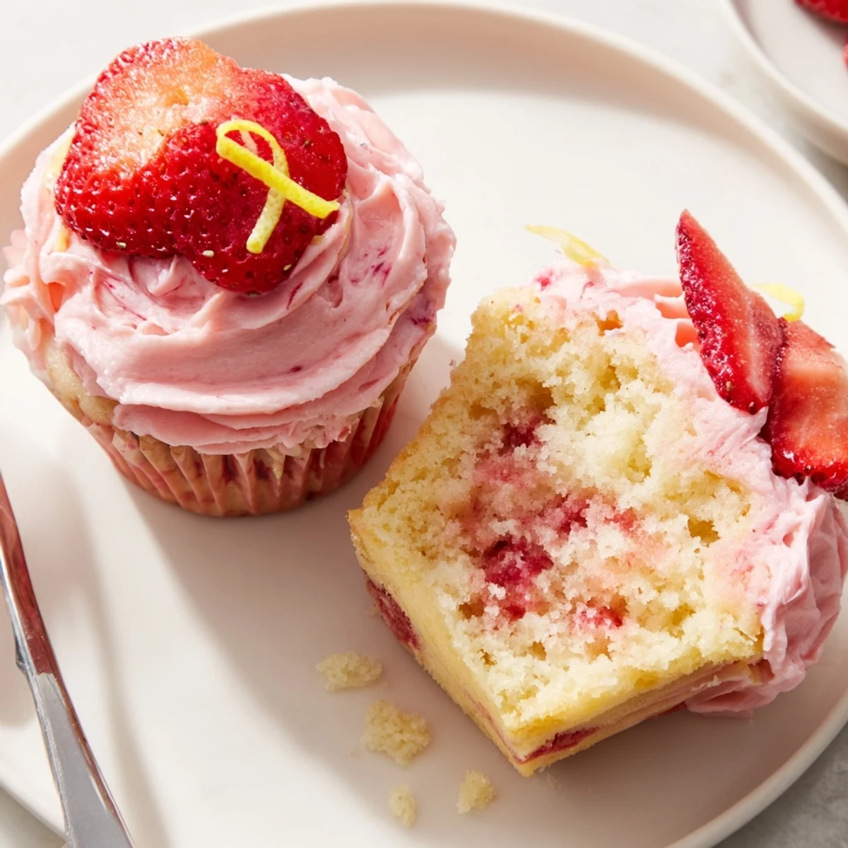Zesty Strawberry Lemonade Cupcakes topped with creamy buttercream and diced strawberries.