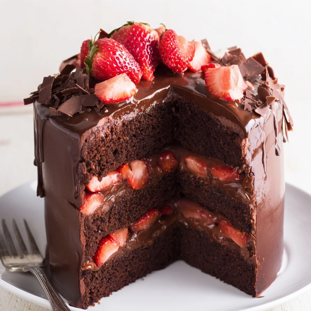 Strawberry Chocolate Cake with glossy ganache, fresh berries, and moist chocolate layers.
