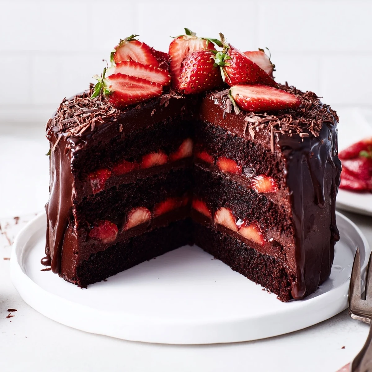 Slice of Strawberry Chocolate Cake on plate, juicy strawberry filling visible.