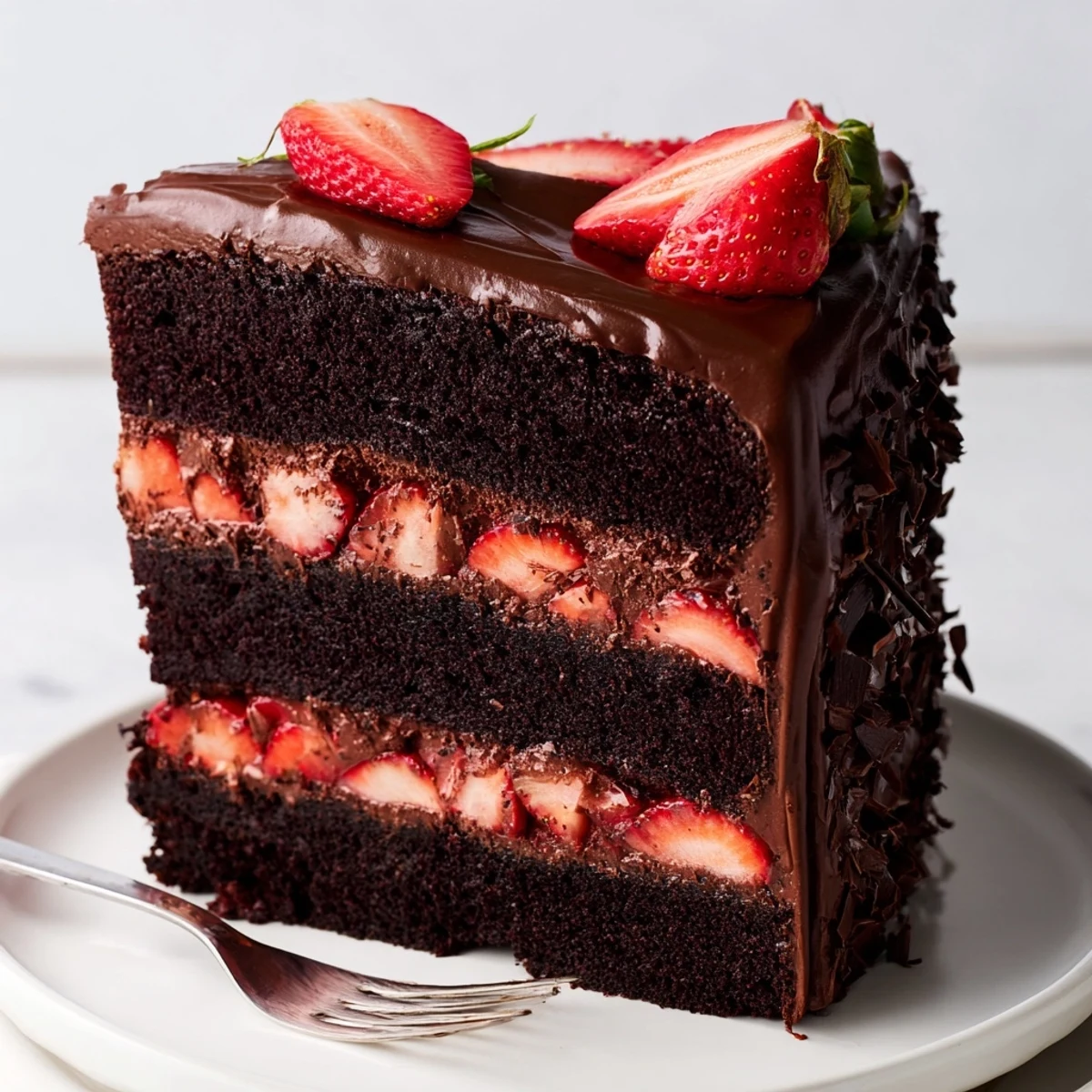 Celebration-ready Strawberry Chocolate Cake decorated with halved berries and chocolate shavings.