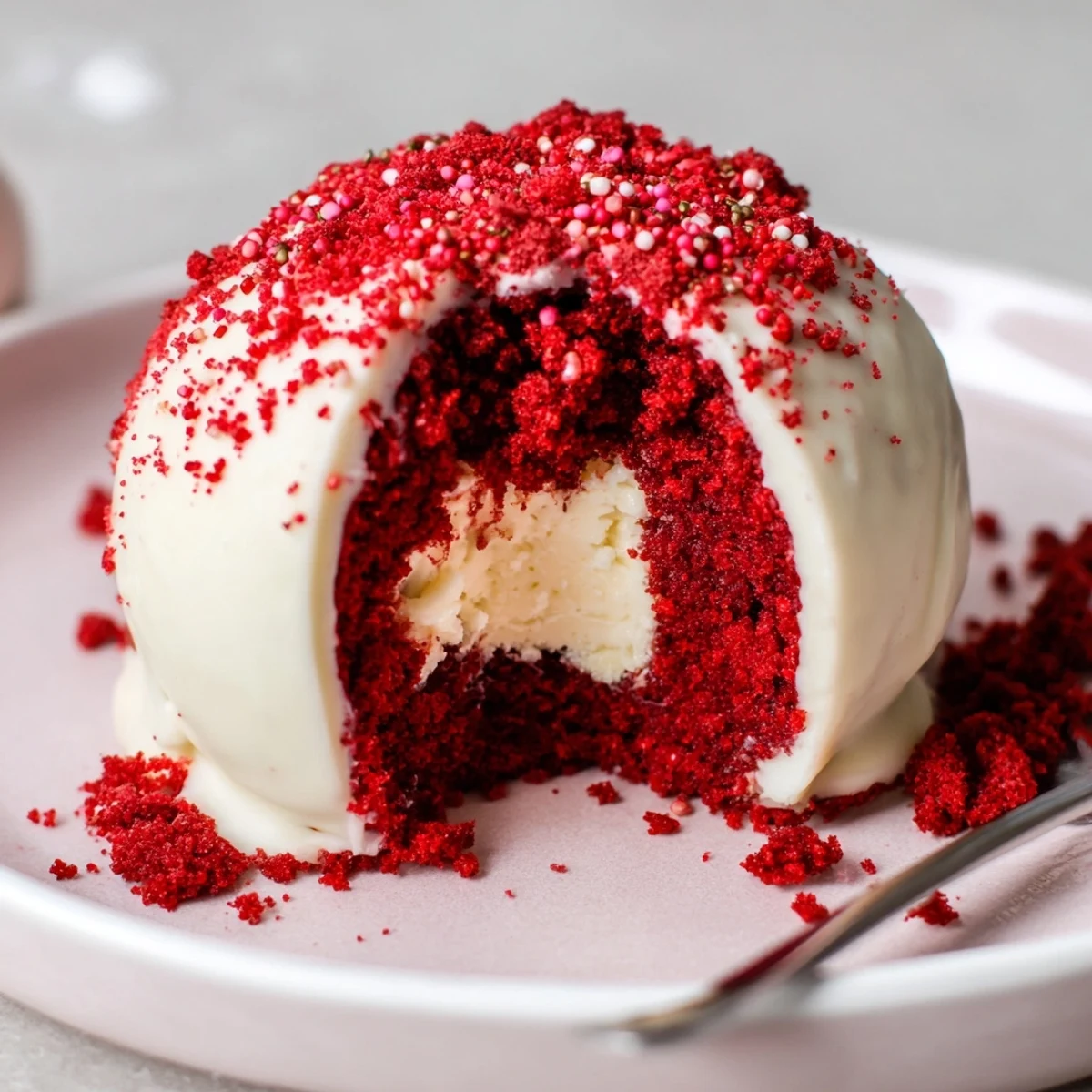 Red Velvet Cheesecake Balls glistening in white chocolate, sprinkled with crumbs  