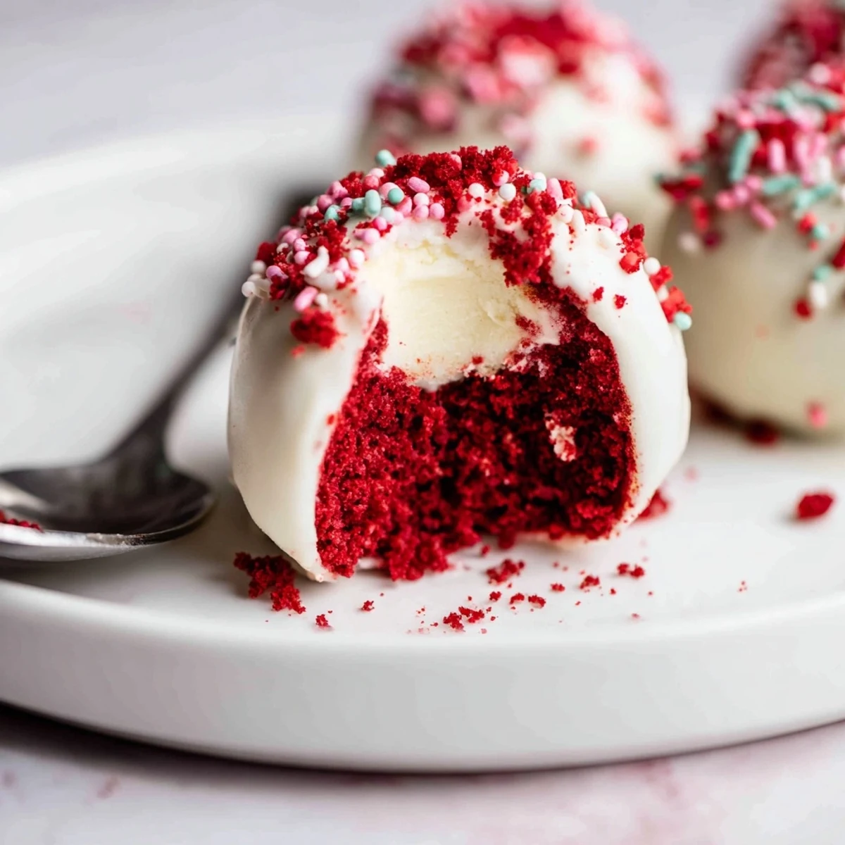 Bite-sized Red Velvet Cheesecake Balls dipped in chocolate, creamy centers revealed