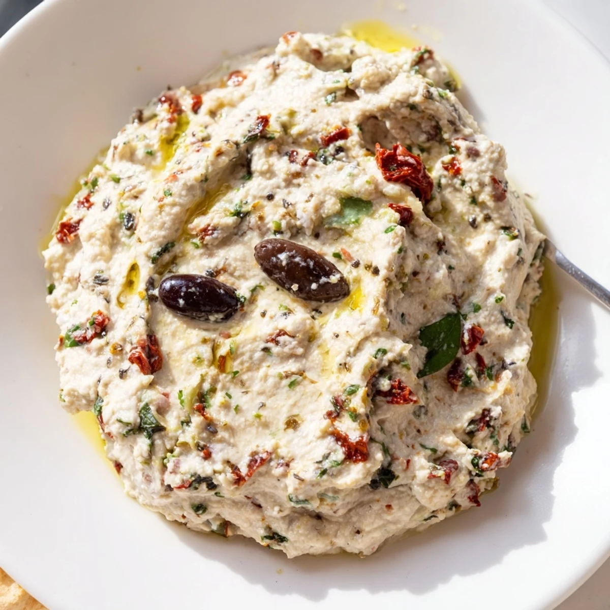 Chunky Italian Style Olive and Cheese Spread topped with fresh basil and a drizzle of olive oil