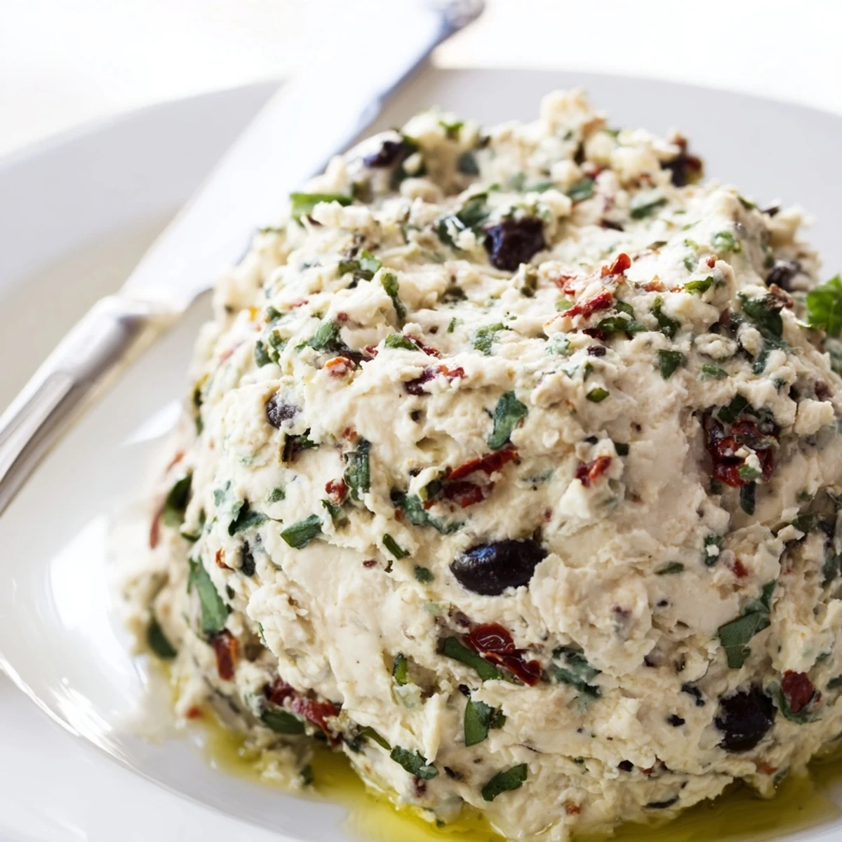 Velvety Italian Style Olive and Cheese Spread scooped onto a crisp cracker for an easy appetizer