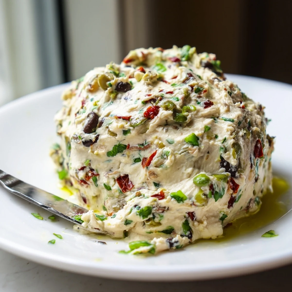 Creamy Italian Style Olive and Cheese Spread served in a rustic bowl with toasted crostini